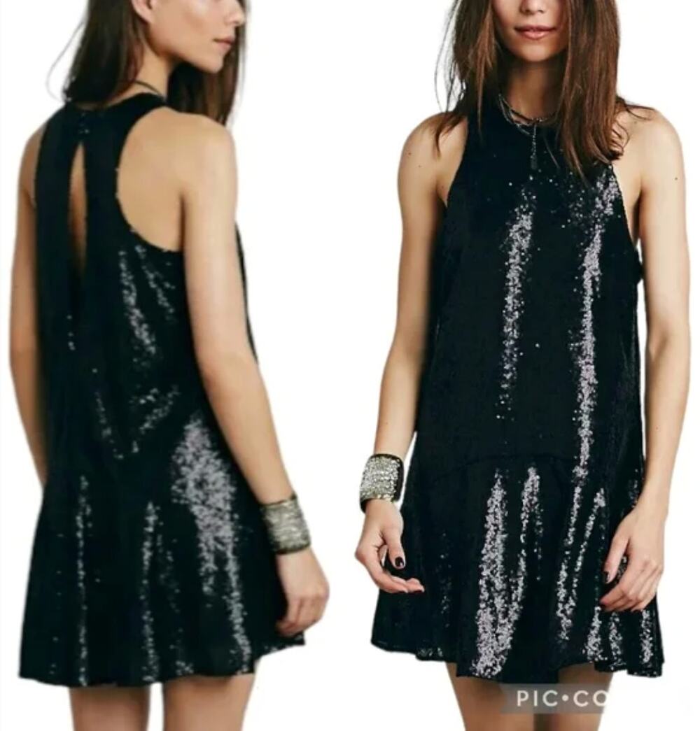 FREE PEOPLE Liquid Shine Black Sequin High Neck Cocktail mini dress Extra Small
